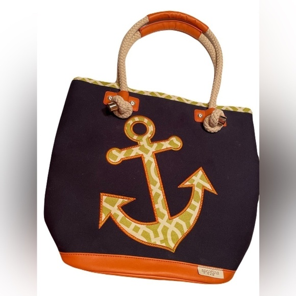 Spartina 449 Tote Bag Anchor Navy and Orange Canvas and Linen - Picture 3 of 11